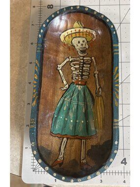 Hand-Painted Mexican Wooden Tray With Skeleton Design & Blue Accents 7.5"x3.5" H